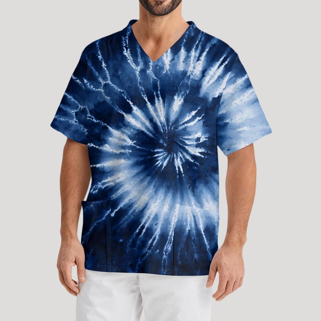 Мужская рабочая блузка с короткими рукавами и v-образным вырезом с принтом, топ с нагрудным карманом