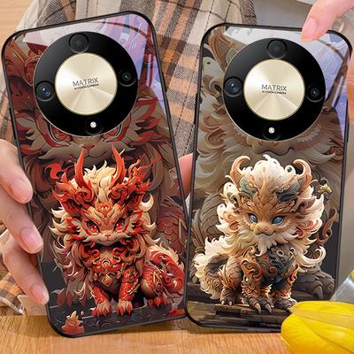 Чехол для телефона из закаленного стекла в китайском стиле Лев для Honor Magic 6 50 70 90 Lite X7b 200 Pro Nova 10 Nova 5T X6 P30 Pura 70 Ultra