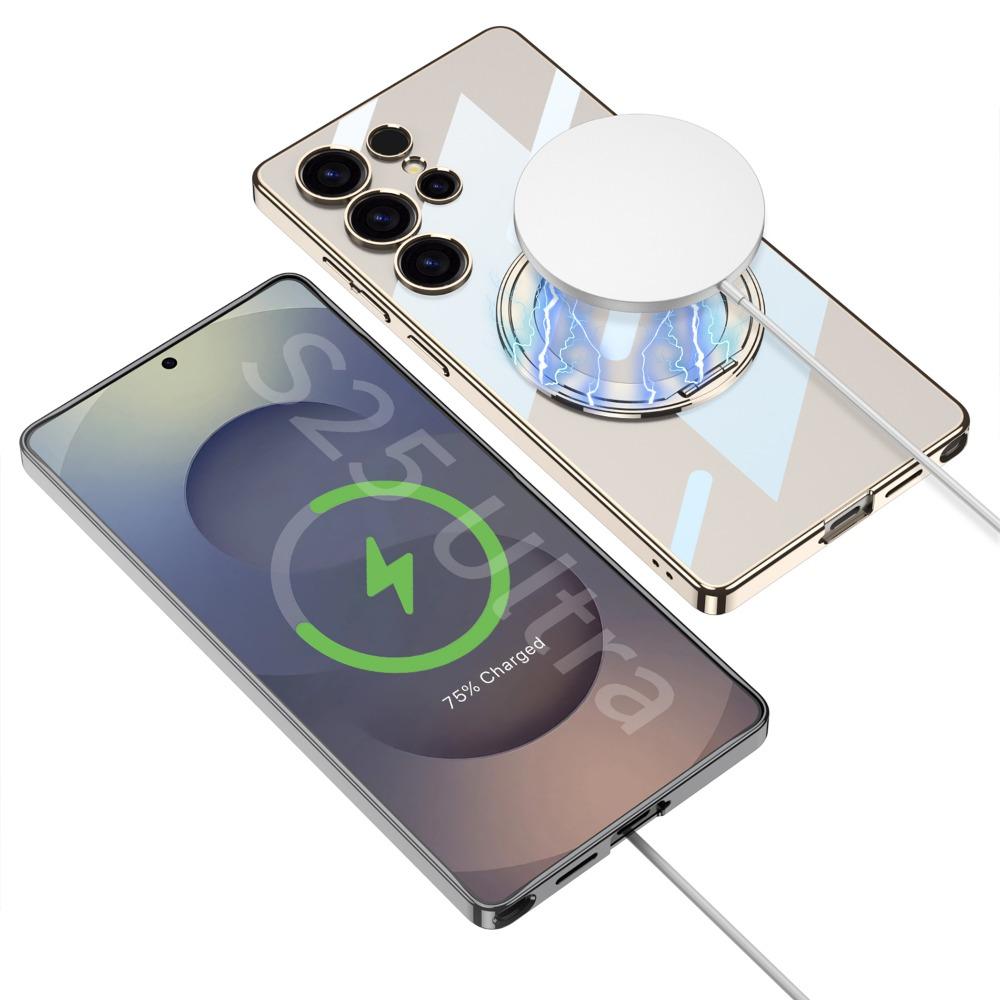 Гальванический прозрачный магнитный чехол для телефона Samsung Galaxy S25 Ultra вращающийся кронштейн жесткий корпус противоударный чехол