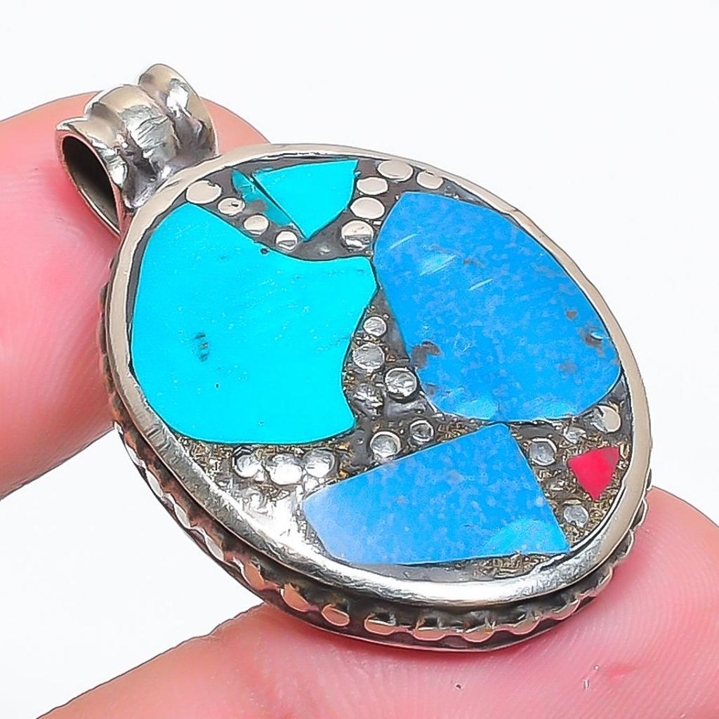 Vintage Nepal Pendant 1.6" Natural Turquoise Unique Statement Focal Item NP 2380