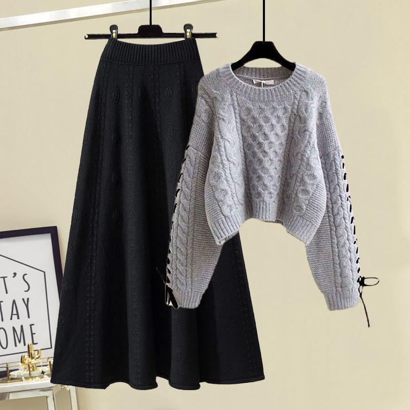 Осень-зима женские юбки костюмы пуловер вязаный свитер трикотажная юбка комплект из двух частей эластичный свитер с круглым вырезом юбка-трапеция наряды