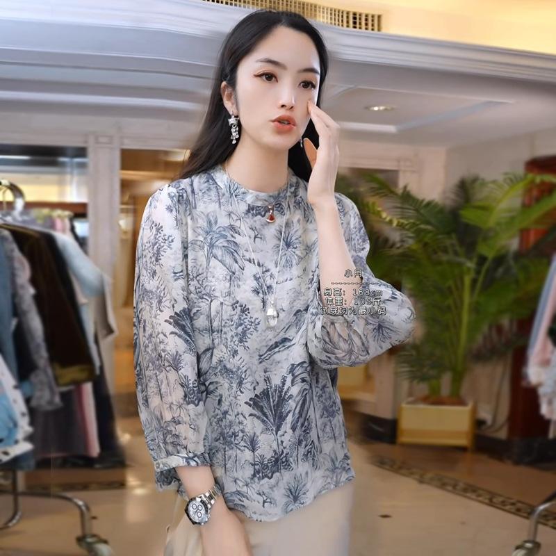 Женский топ из принтованного шелка, рукав три четверти, модный темперамент, трендовый бренд, тонкая рубашка из тутового шелка