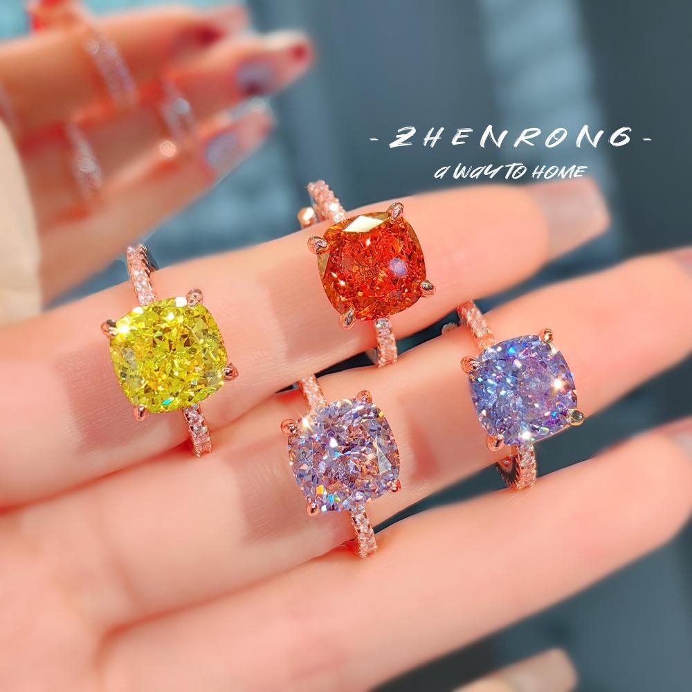 Premium Ice Cut Cushion Ring for Women Caramel Purple High Carbon Diamond Rose Gold Wedding Jewelry