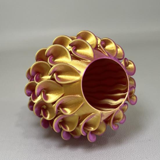 3D Printed Red Gold Flower Vase Sculptural Wave Geometric Textured Decorative