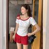Корейская красная любовь в горошек с асимметричным плечом, открытыми плечами, бантом, чистая страсть, короткий рукав, футболка, женская летняя на бретельках, облегающий топ