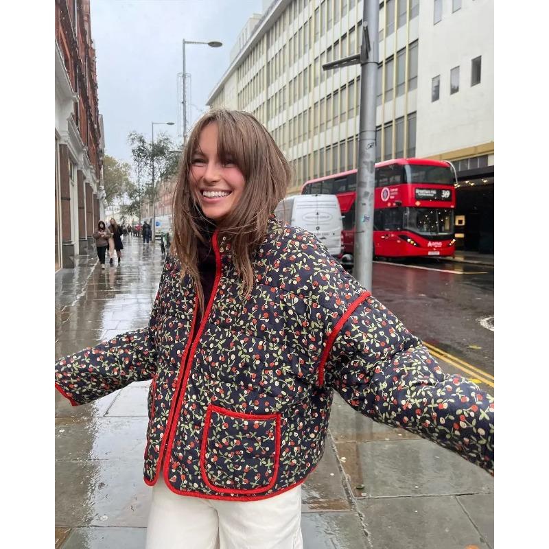 Зимние пальто Женская верхняя одежда Укороченная стеганая куртка Тренд Легкий цветочный принт Длинный рукав Утепленный стеганый кардиган Пальто