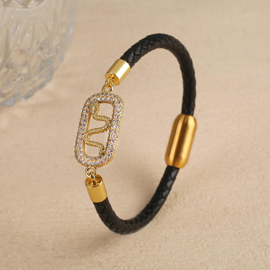 Горячая распродажа Черный кожаный плетеный браслет с цирконием Геометрический Классическая магнитная застежка Вечерние Свадебные украшения для женщин Девочек