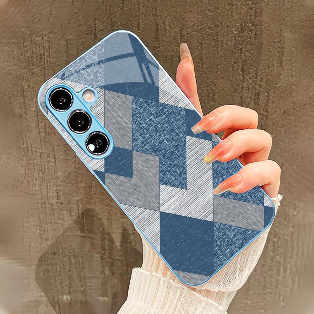 Чехол с синим клетчатым узором для Samsung Galaxy S26 S25 S24 S23 S22 FE Ultra Plus Со стеклянным покрытием ощущением голого корпуса Мужской женский