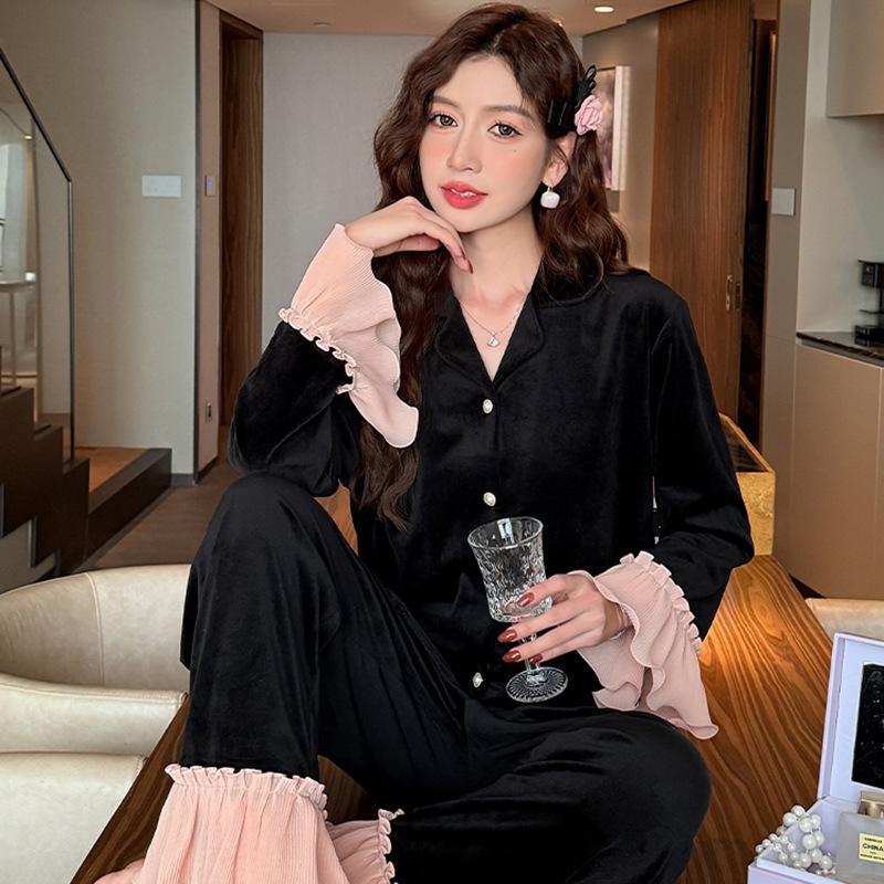 French court style horn sleeve German velvet pajamas women's autumn and winter long-sleeved trousers thin velvet loungewear two-piece set