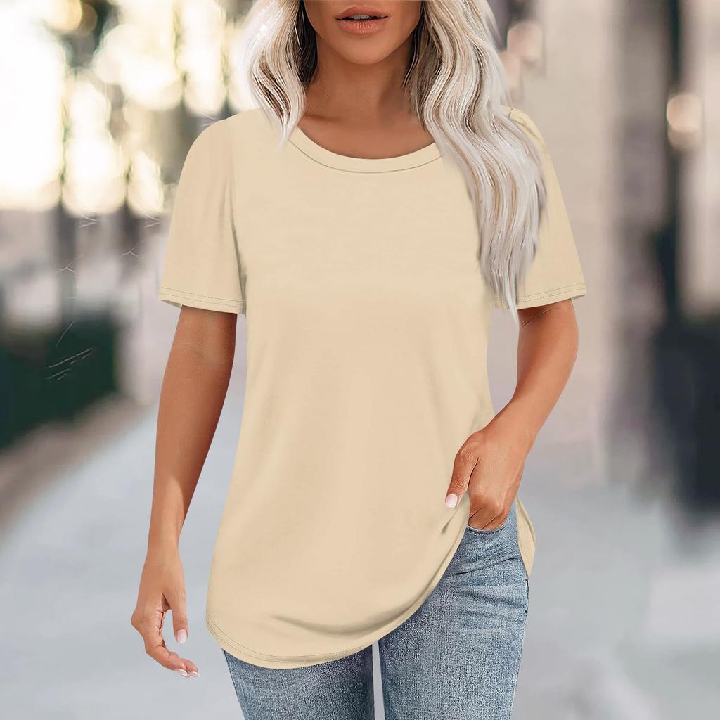 Women's Fashion Casual Solid Color Round Neck Short Sleeve T-shirt Tops