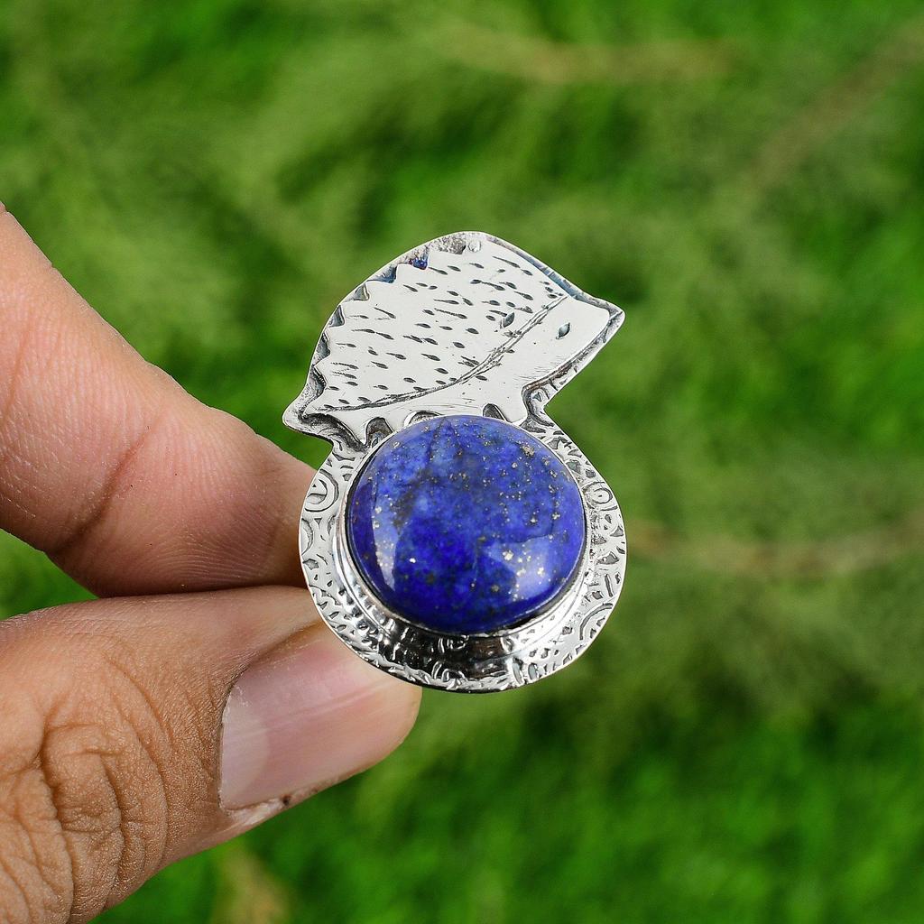 Sterling Silver Round Natural Lapis Lazuli Bezel Solitaire Elegant Ring Jewelry