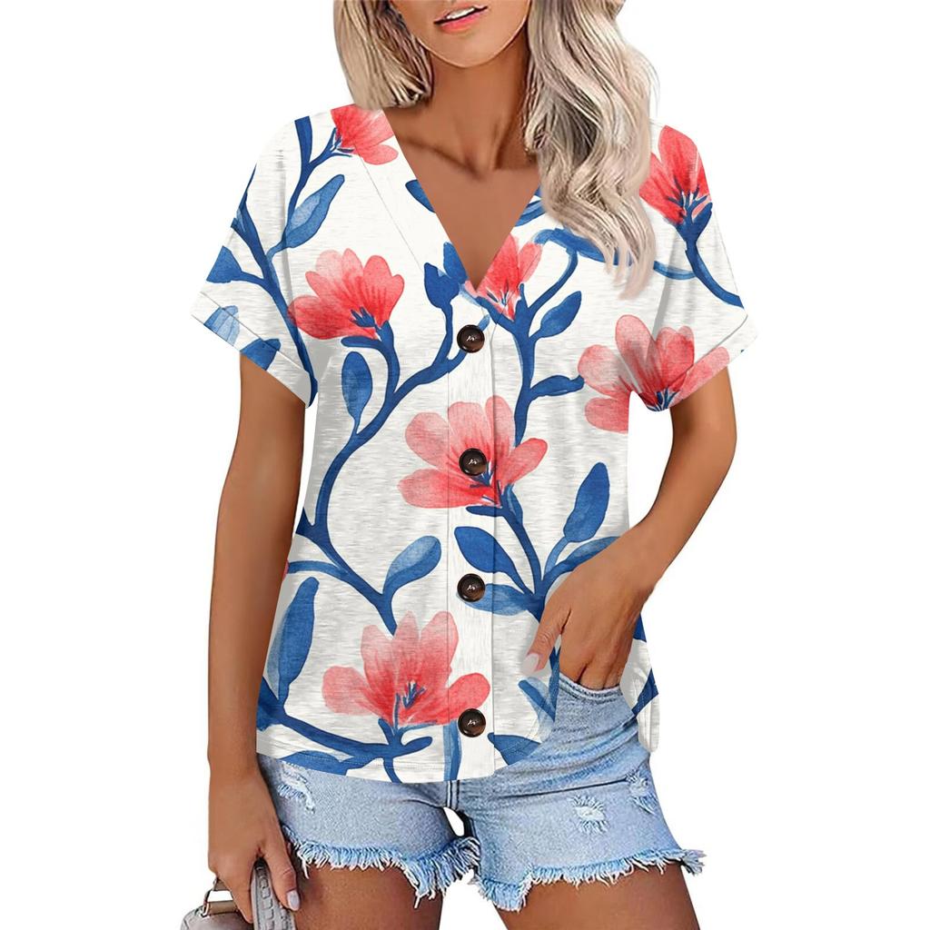 Женская мода с короткими рукавами и V-образным вырезом, повседневная футболка с пуговицами