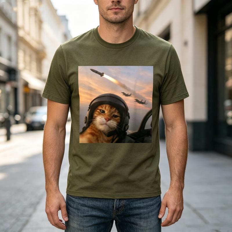 Funny Pilot Cat Tee Jet Fighter Background Print Unisex Unisex Cotton Short Sleeve Streetwear Oversized T Shirt Y2k