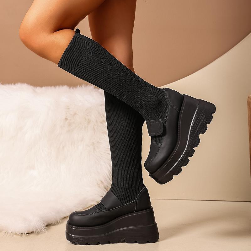 Fashion Thick Bottom Solid Black Elastic Boots Women Autumn Chunky Platform Super High Heel Knee Boots Sexy Party Long Booties