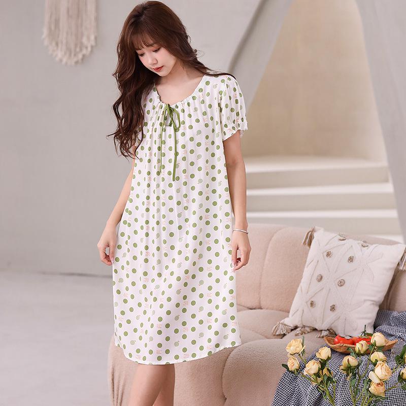 New spring and summer women's nightdress full cotton cotton and silk short-sleeved skirt generous lace-up rope round neck flower sexy long dress