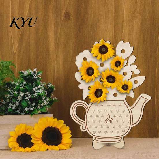 Gift for Craft Lovers Wooden Teapot Shape Flower Holder, Natural Wood Floral Display Stand, DIY Retro Pastoral Decor Blank Vase Artificial Arrangement