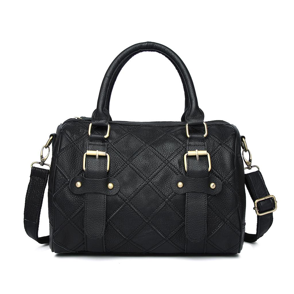 Patchwork Genuine Leather Bag for Women One Shoulder Checkered Pillow Bag Color Contrast Fashion Ladies