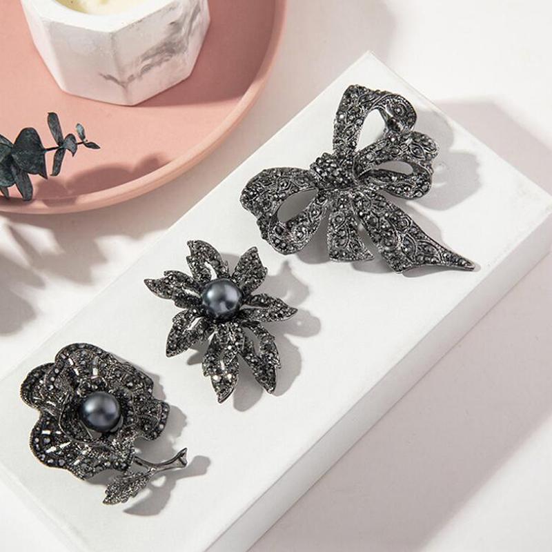Retro Black Pearl Flower Bow Shape Brooch Scarf Pin Jewelry Accessories