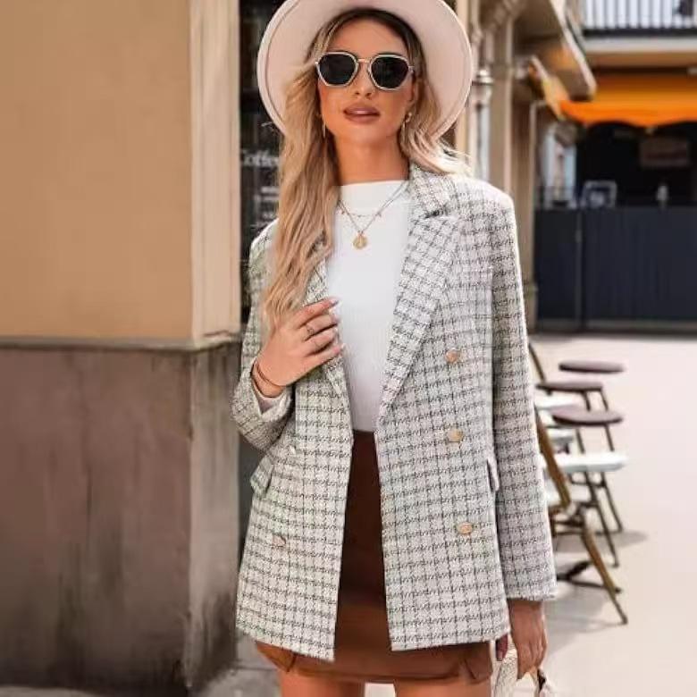 Клетчатый пиджак, модная куртка для женщин, весна-осень, с длинным рукавом, повседневный, элегантный, офисный, классический, шикарный, темпераментный пиджак