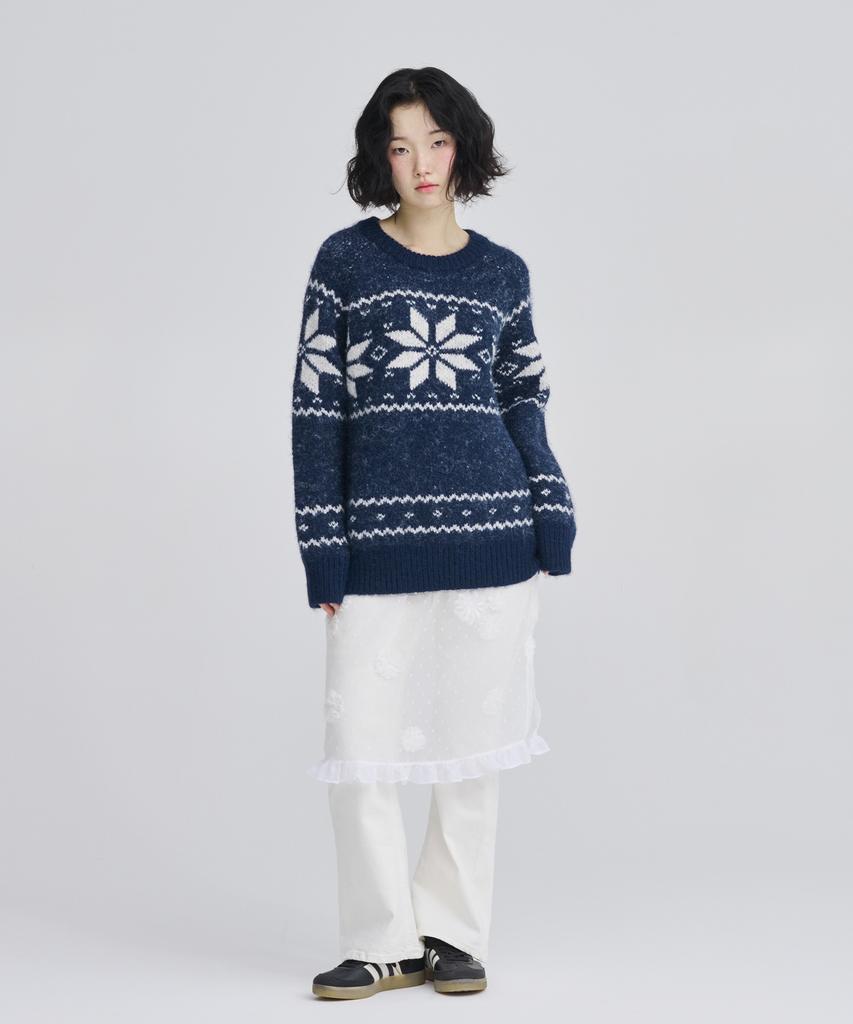 AWESOME STUDIO Nordic Snowflake Jacquard Round Knit Navy