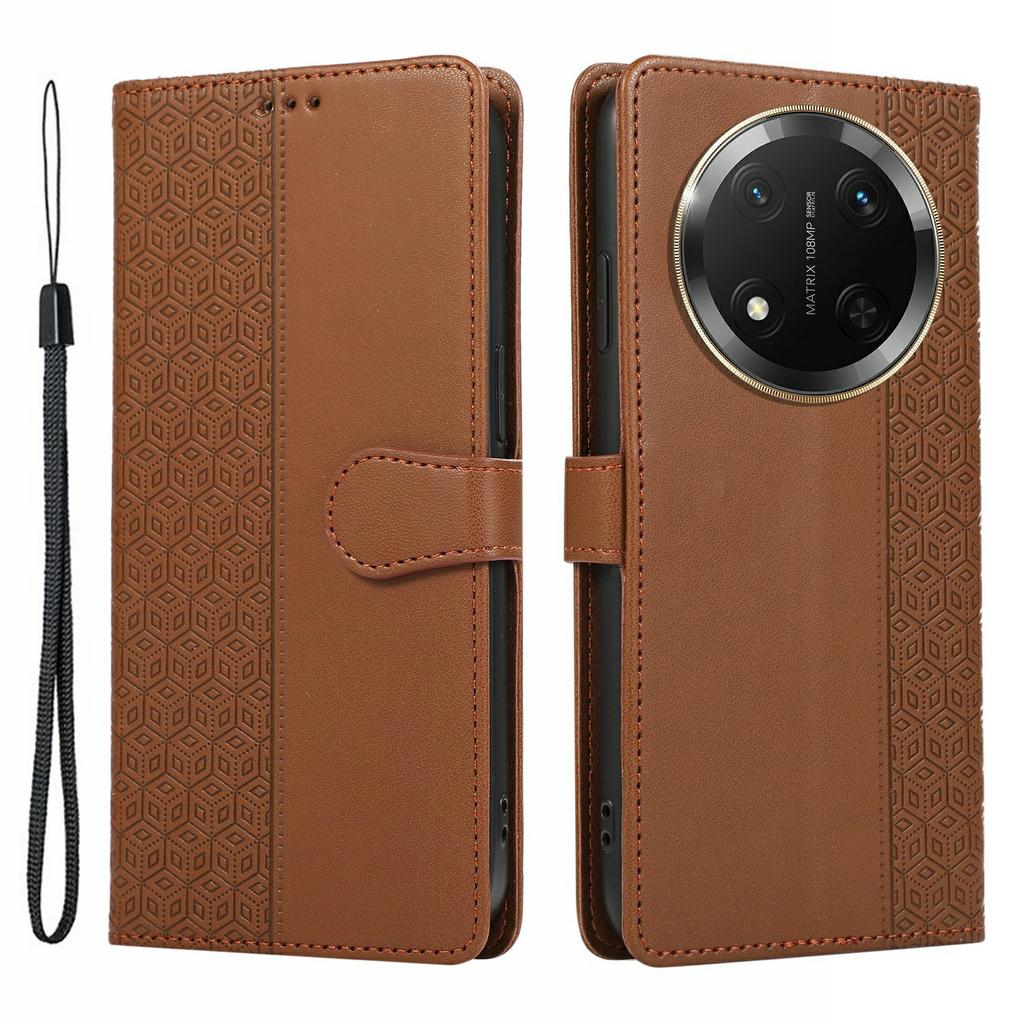 Phone Case For Honor X60 Pro 5G/X9c 5G/Magic7 Lite 5G Splicing Imprinted Rhombus Leather Cover with Wrist Strap