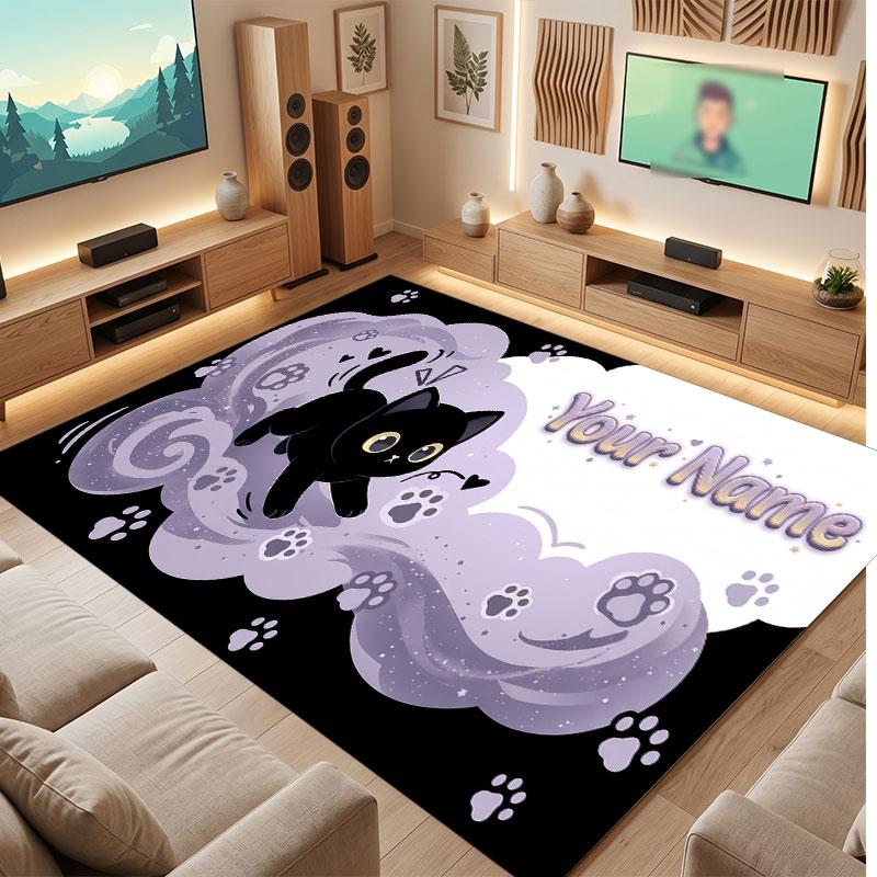 Cat Theme Crystal Velvet Floor Rug Personalized Custom Name Text Warm Carpet Home Decoration