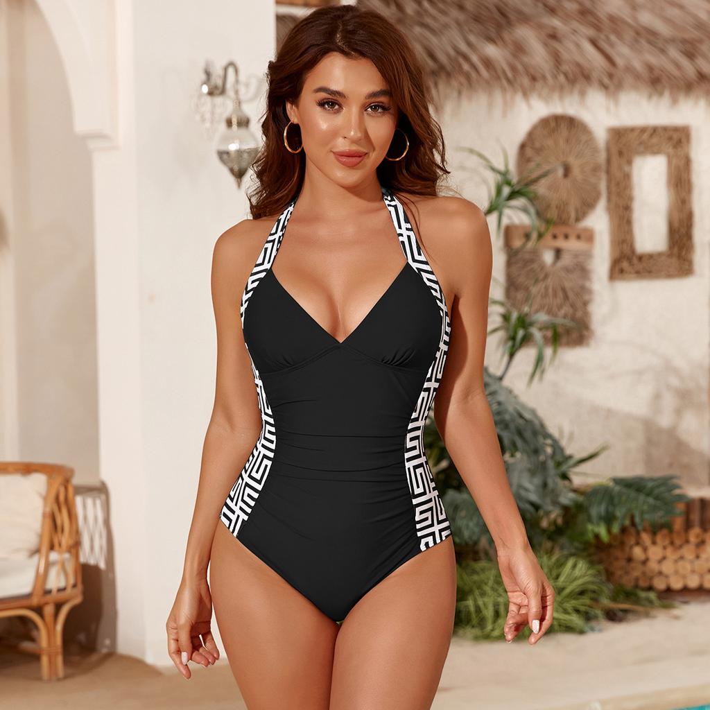 Женский цельный купальник-бикини с леопардовым принтом и глубоким V-образным вырезом