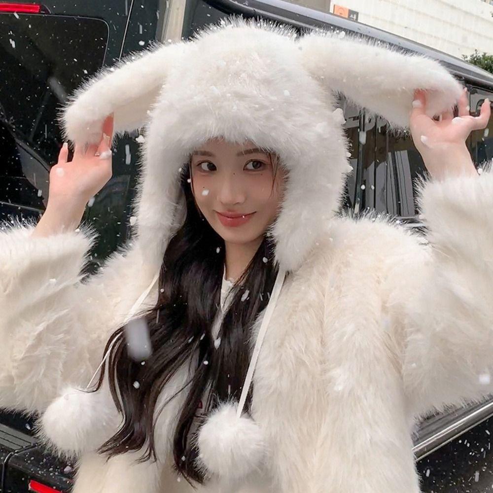 Korean Faux Fur Bucket Hat Fluffy Ear Protection Hat Winter Cute Rabbit Ear Hat Women