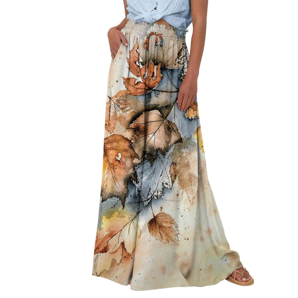 Женские широкие брюки с высокой талией, летние повседневные струящиеся брюки-палаццо, пляжные брюки с цветочным принтом и карманом