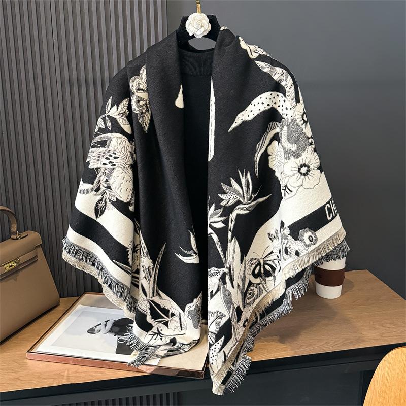 Autumn and Winter New Fashion Versatile Women's Imitation Cashmere Warm Scarf Wind Grotesque Plant Print Square Scarf Shawl
