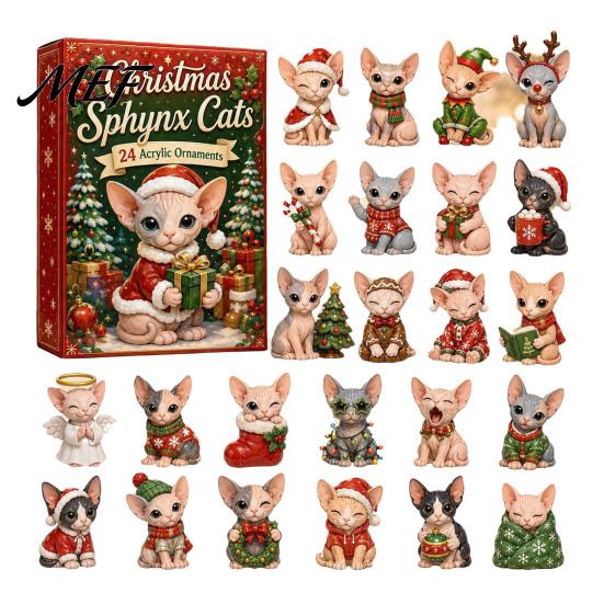 Festive Room Decor Christmas Cat Advent Calendar, 24 Day Countdown with Cute Ornaments, 2D Acrylic Kitty Holiday Decorations, Gift for