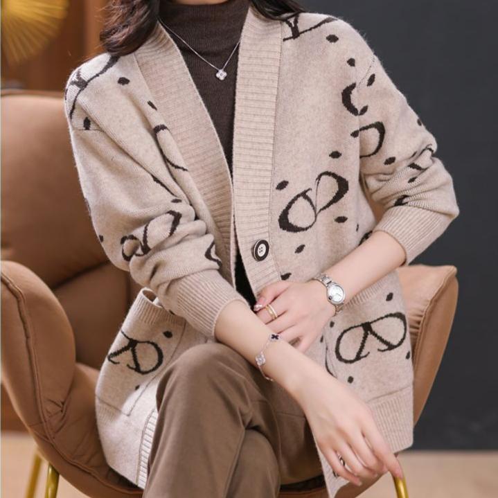 Women's Knitted Cardigan Sweater Autumn and Winter Thickened Plus Size Knitted Cardigan Loose Letter Print Knitted Jacket Outwear