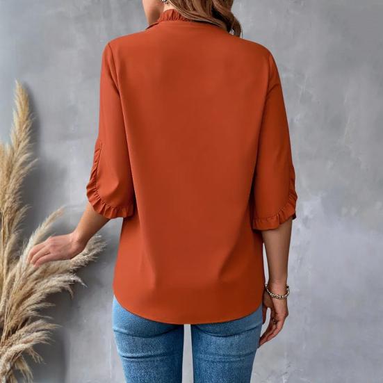 Женская рубашка с V-образным вырезом, оборками, рукавами-лепестками, однотонные топы свободного кроя, повседневная офисная дорожная рубашка