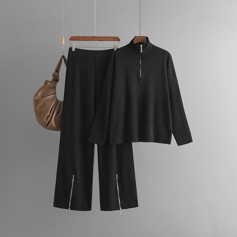 Теплый зимний свитер с высоким воротом, ребристый, однотонный, на молнии, с широкими штанами, комплект из 2 предметов для отдыха для женщин на осень 2024 года, мягкий, уютный наряд