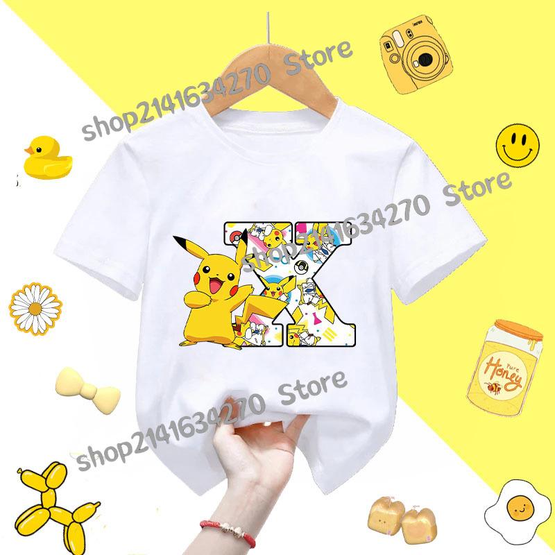 Short Sleeve Summer Tshirt Tops Cotton Tee for Pokemon Pikachu Anime AZ letters Printed Cute Clothing Children Casual Clothes