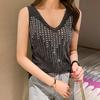 Women Vest V-Neck Sleeveless Shiny Hot Drill Decor Tank Tops Solid Color Knitting Camisole Parties Daily Wear