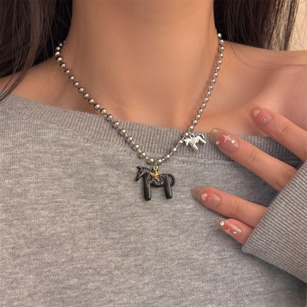Alloy Horse Pendant Necklace Silver Plated Beads Neck Chain Enamel Pendant Necklace  for Women