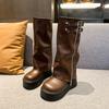 Winter Women Biker Boots Fashion Belt Buckle Ladies Platform Wedge Heel Long Pipe Booties Casual Women's Knee High Booties