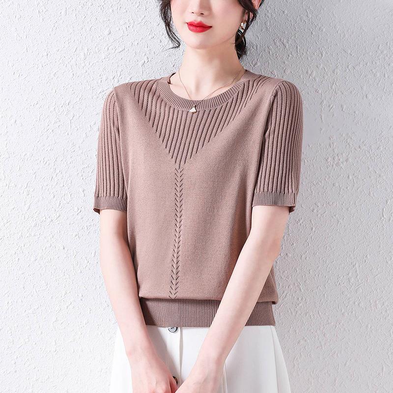 Summer Ice Silk Shirt Women Short Sleeve T-Shirt Blouse Maternity Clothes Summer Openwork Fashion Crop Top