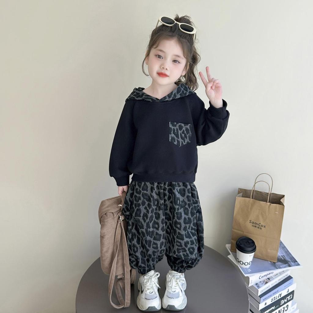 Girls' Korean-Style Leopard Print Hooded Sweatshirt and Pants Set - 2025 Spring/Autumn Fashion