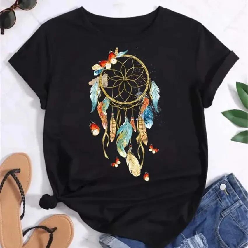 90S Feather Dreamcatcher Women Fashion T Shirt Harajuku Graphic Tees Shirt Femme Dream Catcher Women's T-shirt Clothes Tops Tee