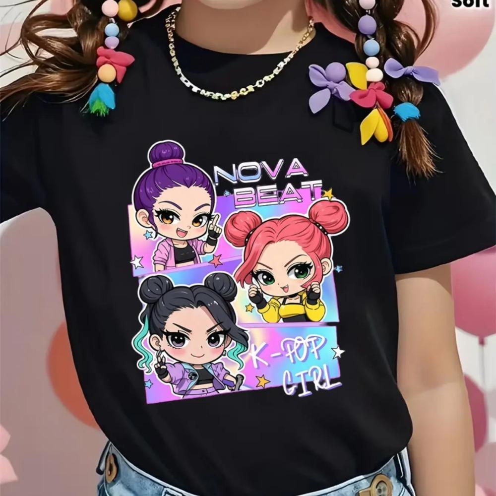 Новая детская футболка "Nova Beat Vibrant K-POP Girl Group" Мультяшный принт Повседневный универсальный топ, 100% чистый хлопок