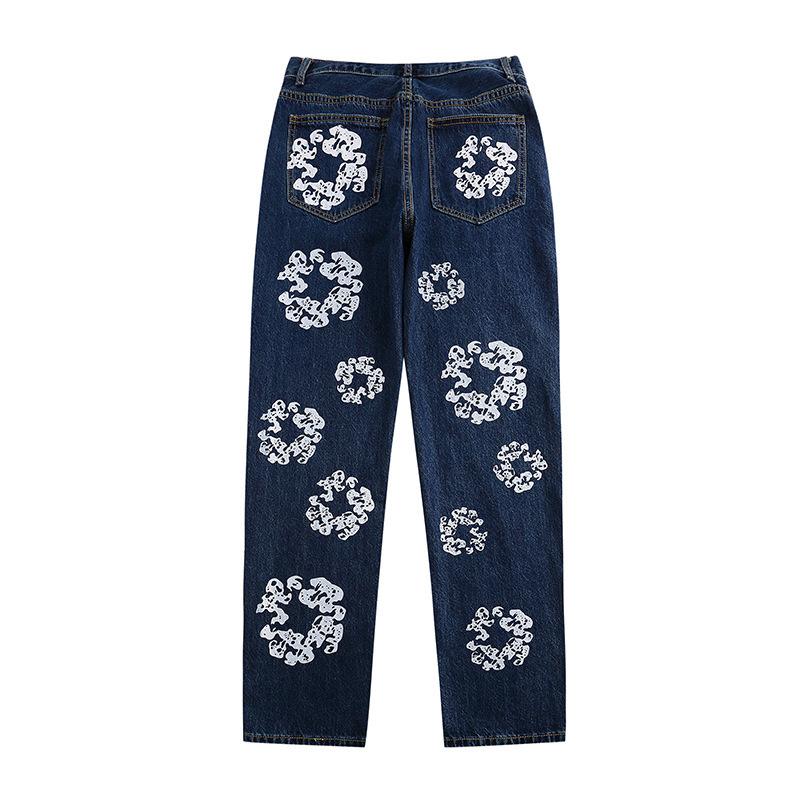 Flower Print Kanye Jeans Pants Streetwear Retro Casual Men and Women Denim Trousers