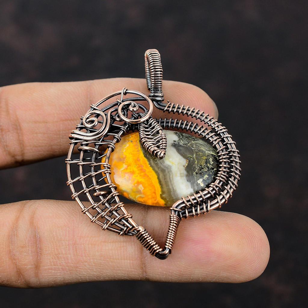 Подвеска Bumble Bee Jasper, медная проволока, обернутая в ювелирное изделие, дизайнерская медная подвеска, ювелирное изделие из драгоценных камней ручной работы, уникальная подвеска, проволочная подвеска для подарка