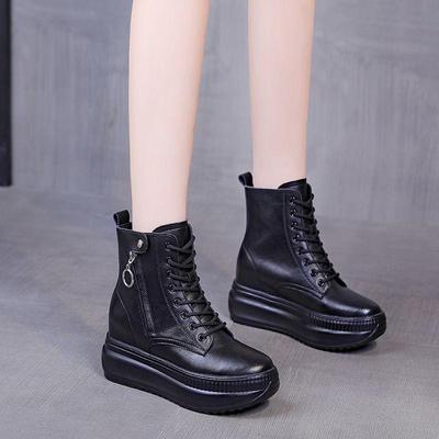 Женские ботильоны: Осень/Зима, на бархатной подкладке, увеличение высоты на 8 см, толстая подошва, натуральная кожа, повседневный стиль Мартин.