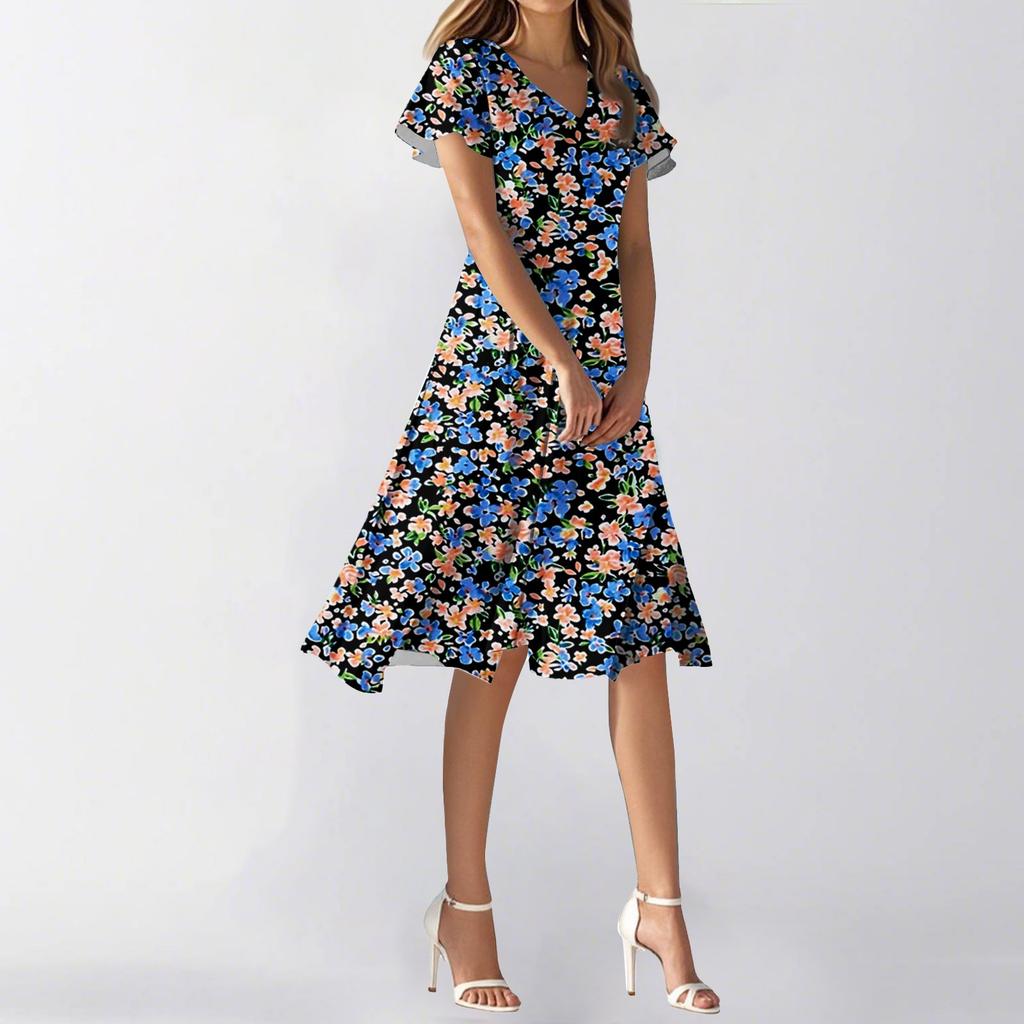 Women's Summer Casual Fashion Flower Print Dress V Neck Short Sleeve Short Skirt