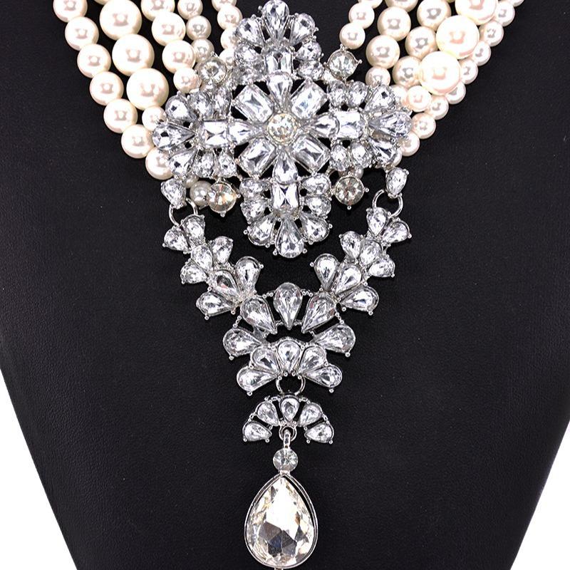 Multi-Layer Pearl Crystal Gemstone Water Drop Pendant Short Collarbone Necklace Fashionable And Exaggerated