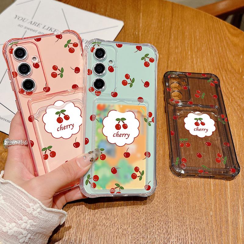 Cherry Print Card Slot Clear Soft Silicone Case For Samsung S25 Ultra S24 FE S23 S22 A36 A56 A55 A16 A06 A15 A26 Slim Shockproof Phone Cover