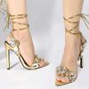 Модные Liyke Сексуальные Босоножки с Золотистыми Ремешками на Щиколотке Женские Вечерние Туфли для Ночного Клуба Стриптиза с Высокими Каблуками Высококачественные Хрустальные Бриллианты Острый Носок Свадебная Обувь