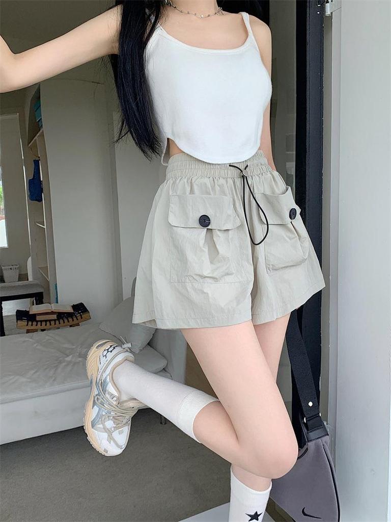 Summer 2024 Women's Gray High-Waisted Wide-Leg Casual Shorts with Double Pockets and Drawstring
